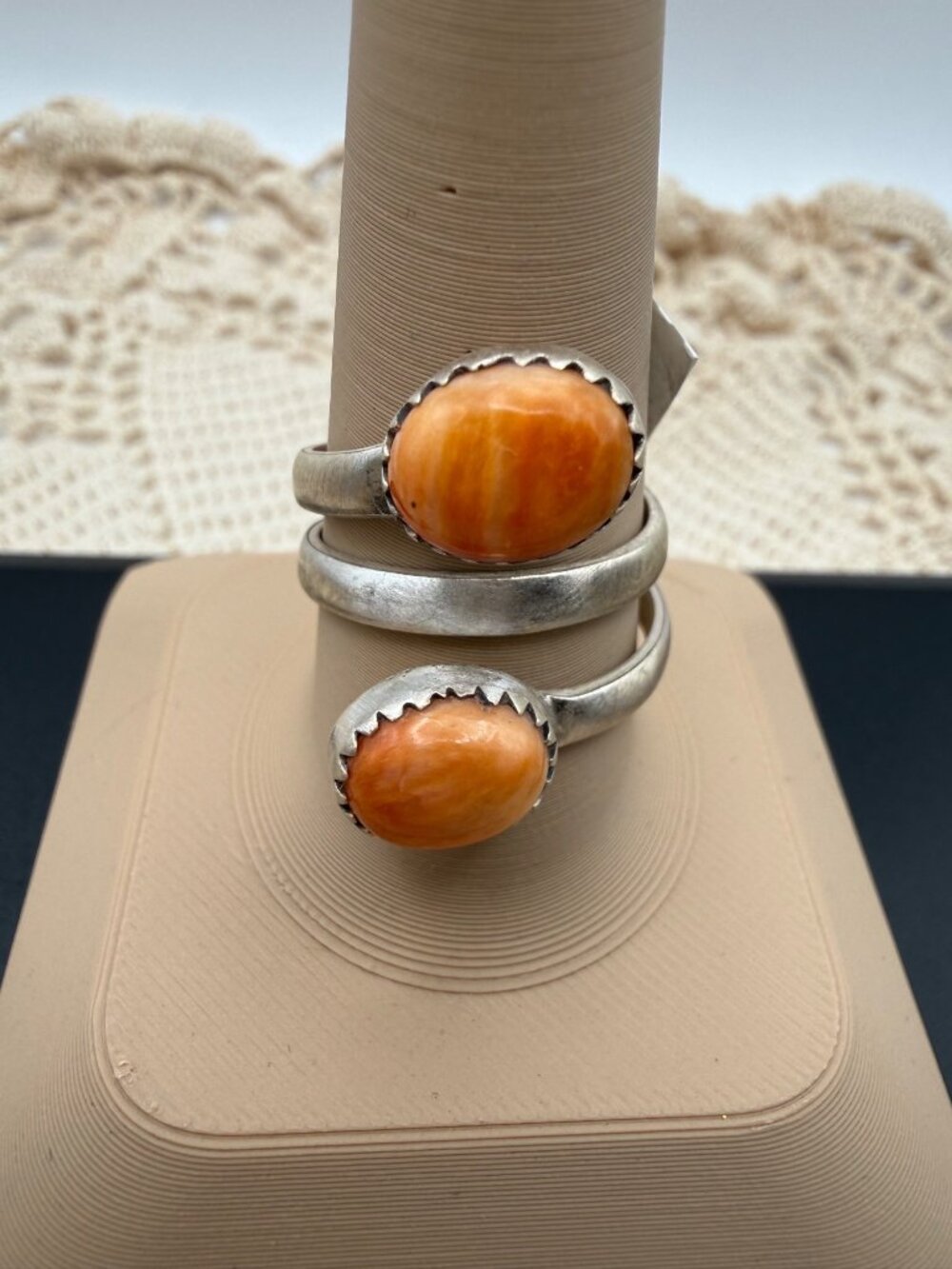 Artisan crafted Orange Spiny Sterling Silver Bi pass Wrap Ring Adj Southwest 6g